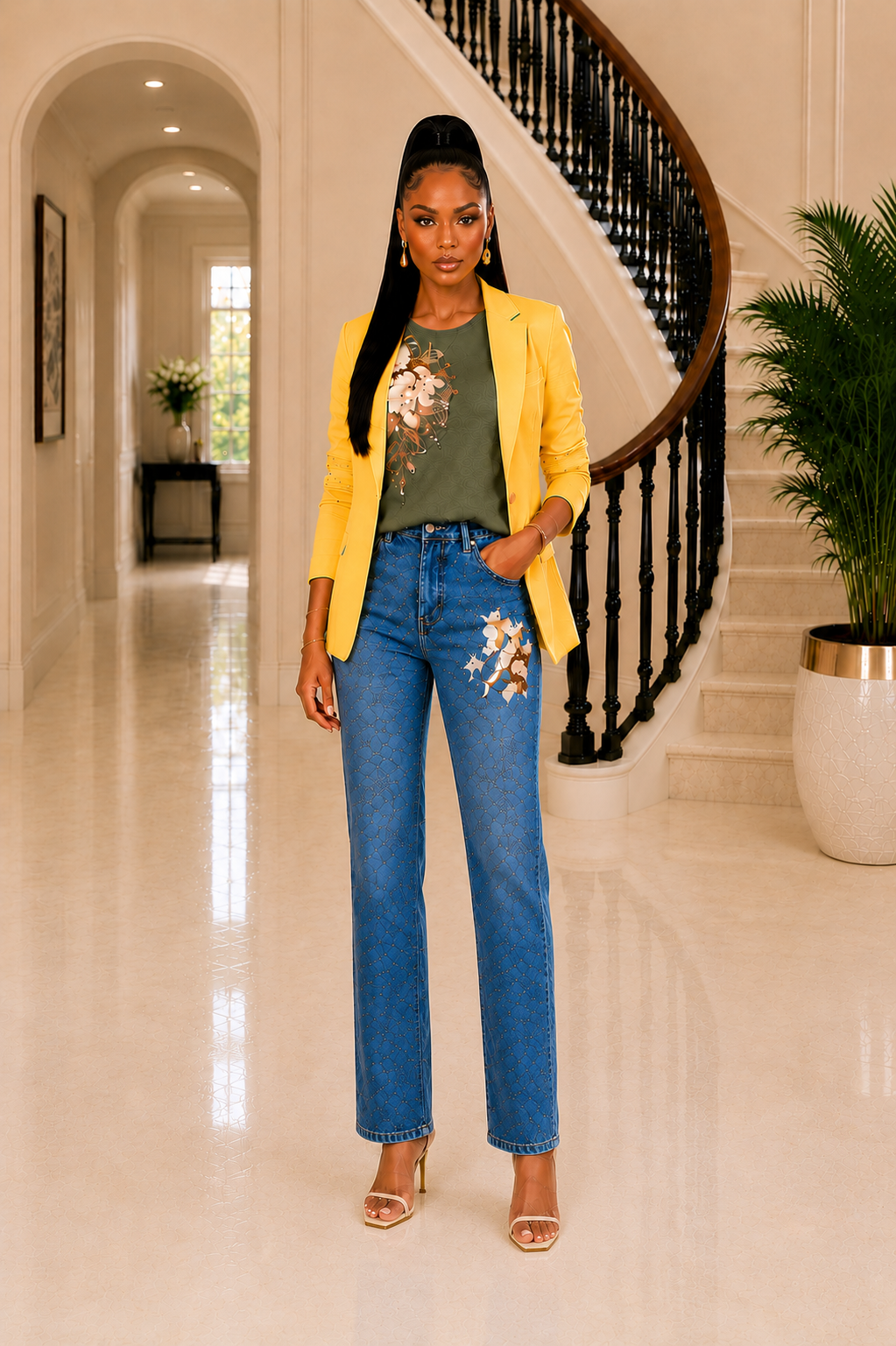 Olive Bloom Denim Set