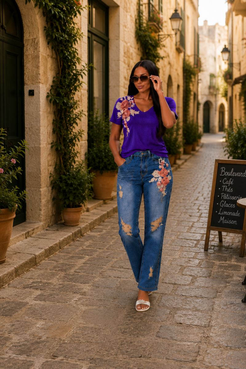 Purple Bloom Denim Chic