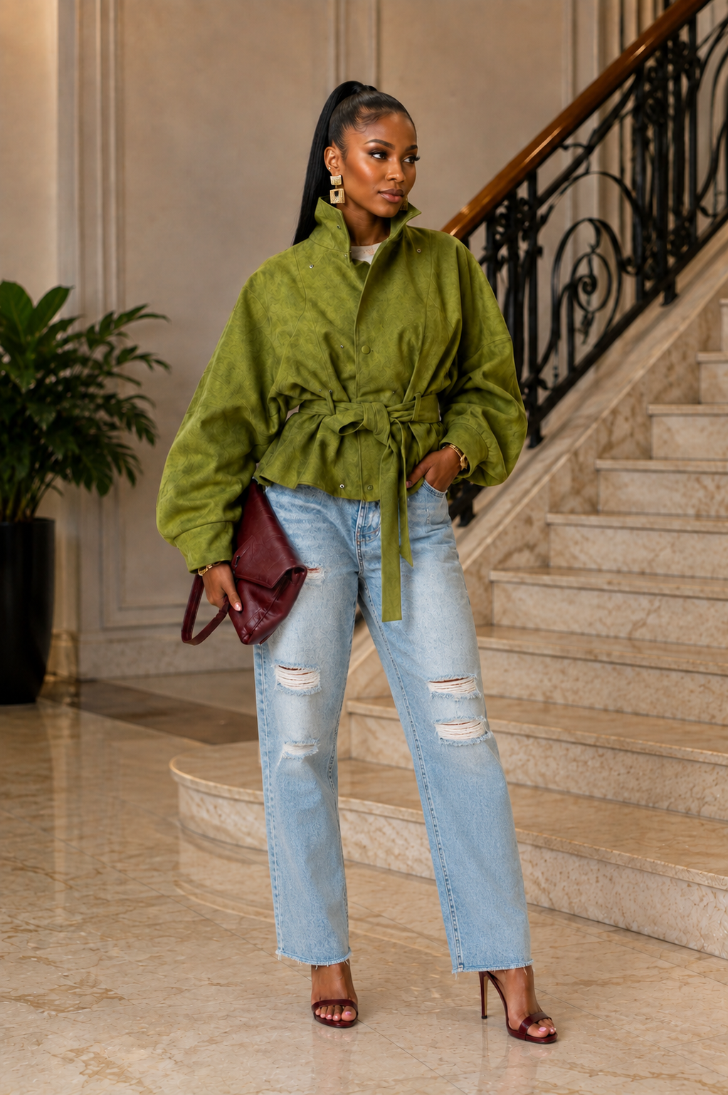 Olive Bloom Belted Jacket